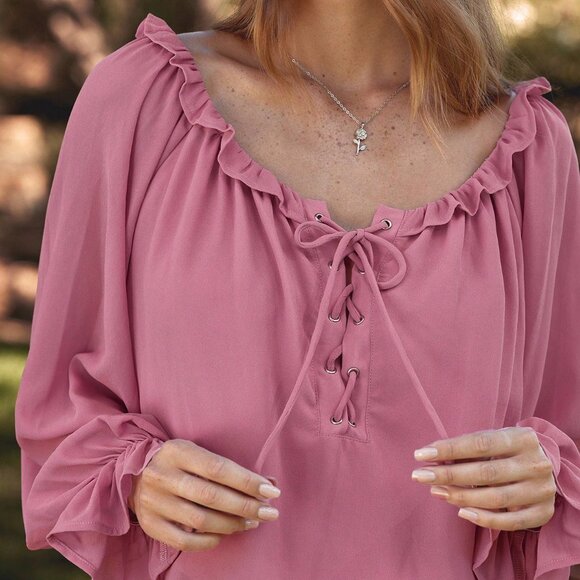 Dusty Pink Boho Women's Scoop Neck Lace Chiffon Mini Dress - Picture 3 of 5